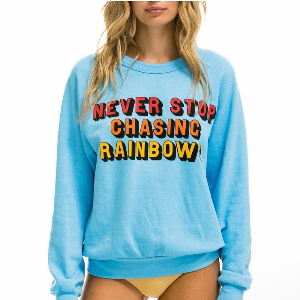 Aviator Nation Never Stop Chasing Rainbows Crew Neck Sweatshirt Pullover Blue S